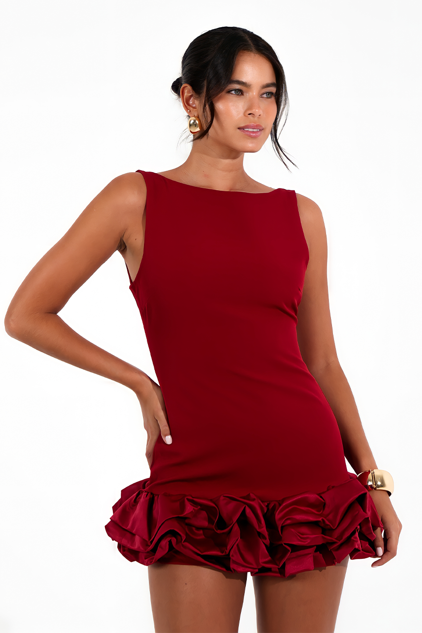 Burgundy Ruffle Playsuit Mini Dress