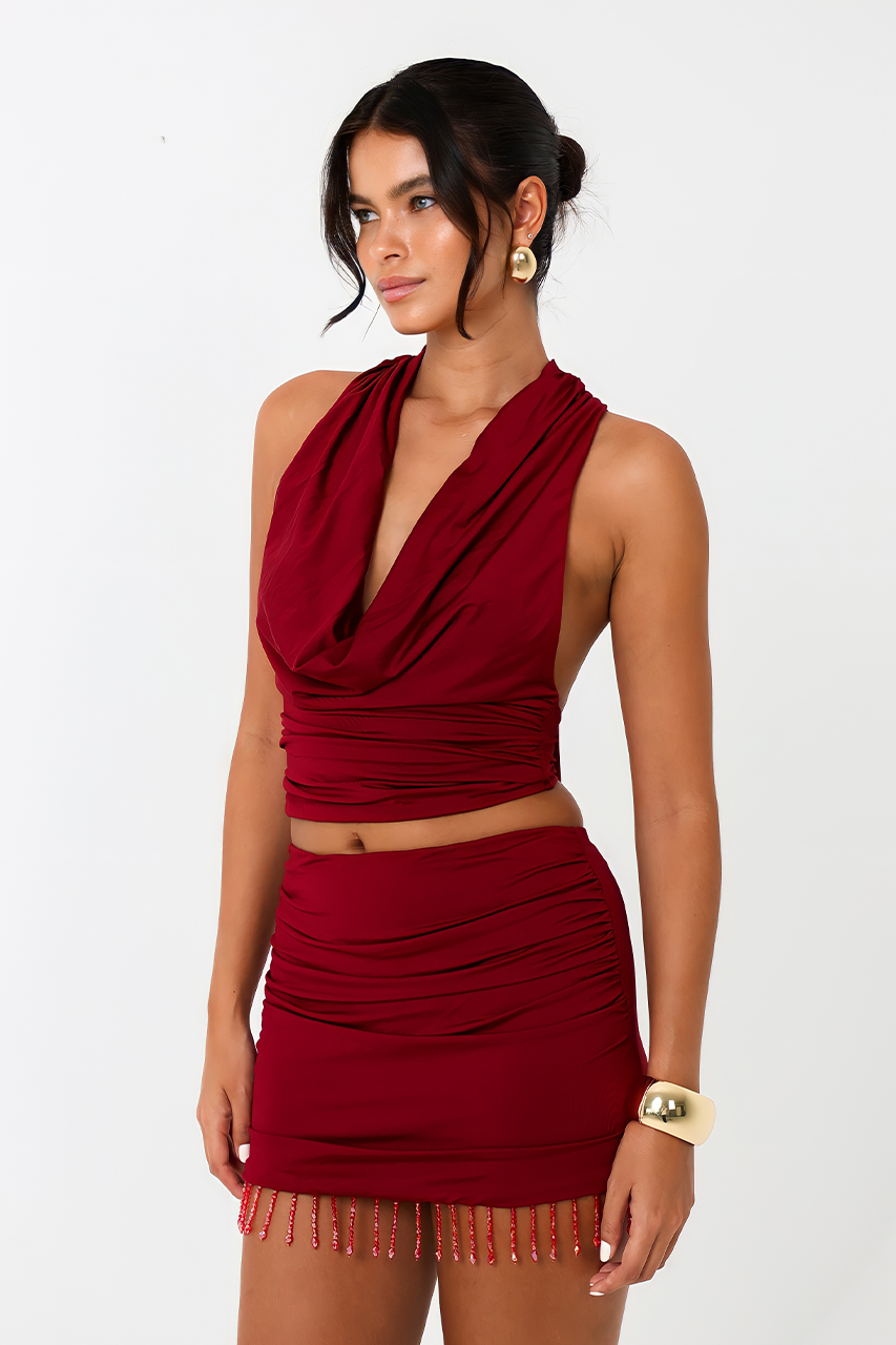 Burgundy Cowl Top & Mini Skirt Coord