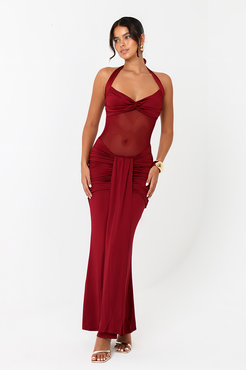 Burgundy Ruched Meshed Maxi Dress