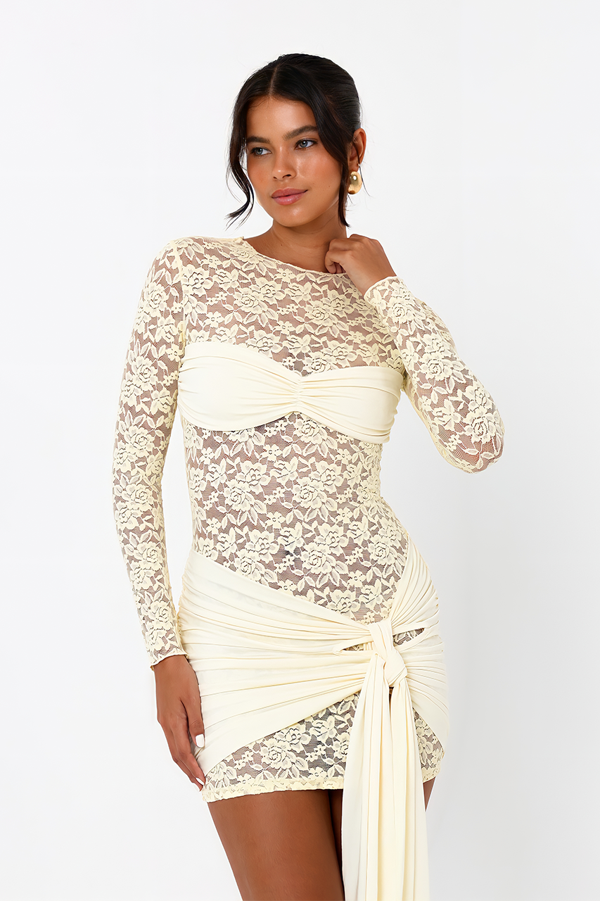 Butter Yellow Lace Ruched Long Sleeve Mini Dress