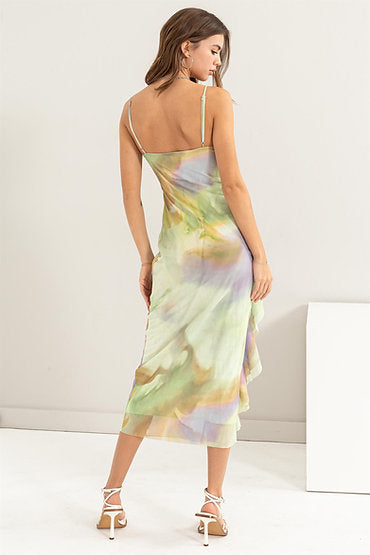 Green Abstract Ruffle Maxi Dress