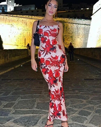 Red Abstract Ribbed Cowl Neck Maxi Dress