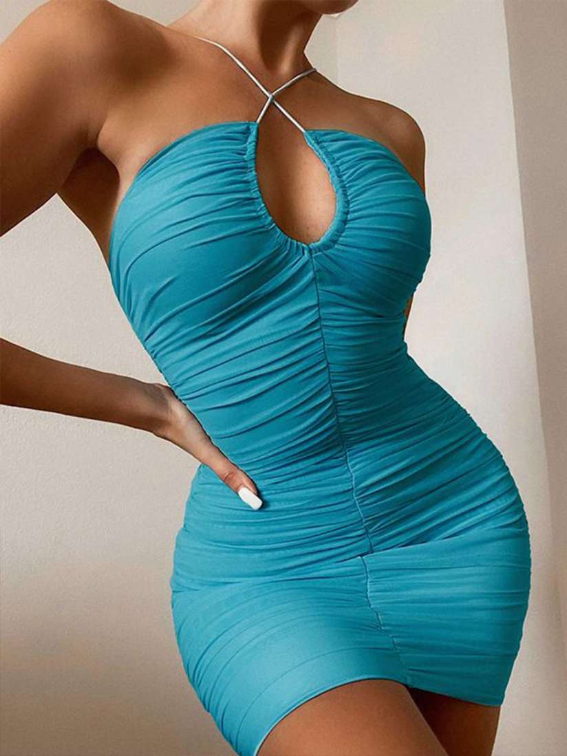 Turquoise Blue Halter Neck Rushed Mini Dress