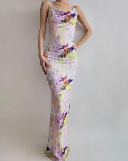 Lilac Purple abstract ribbed cowl Neck Maxi dress