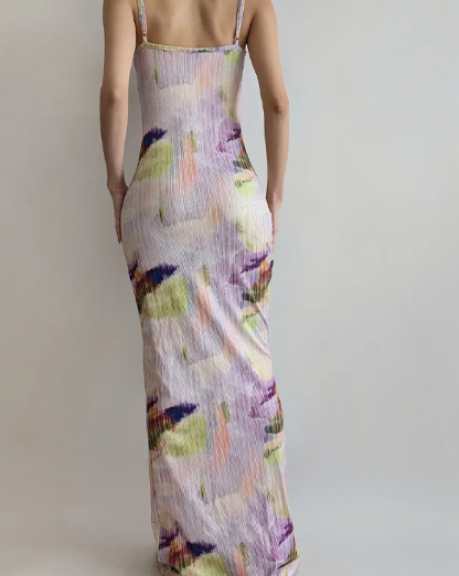 Lilac Purple abstract ribbed cowl Neck Maxi dress