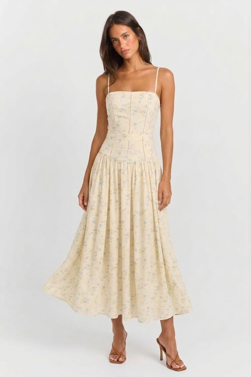 Butter Yellow Floral Skater Maxi Dress