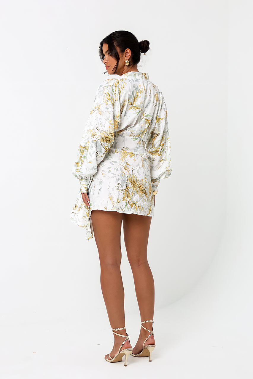 White & Yellow Floral Linen Robe Mini Dress