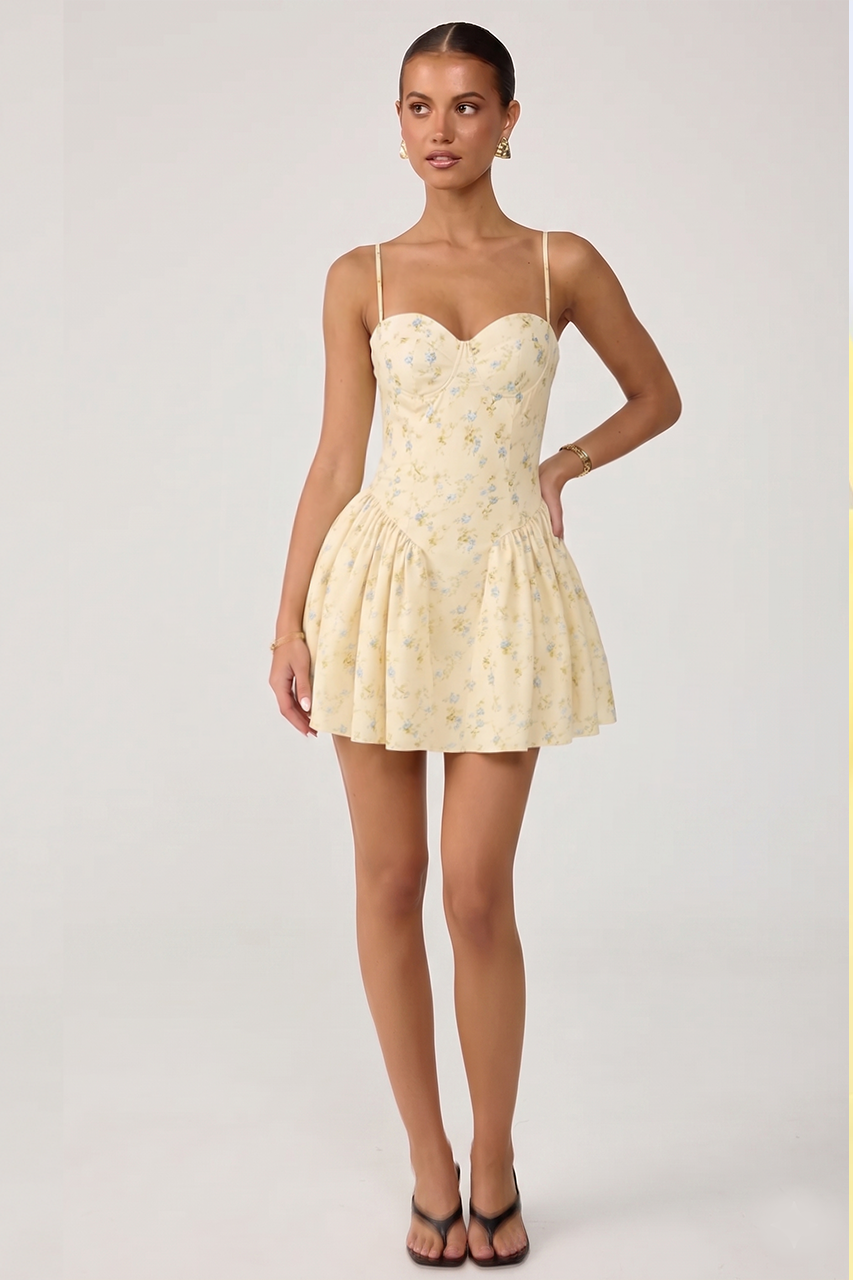 Butter Yellow Floral Skater Mini Dress