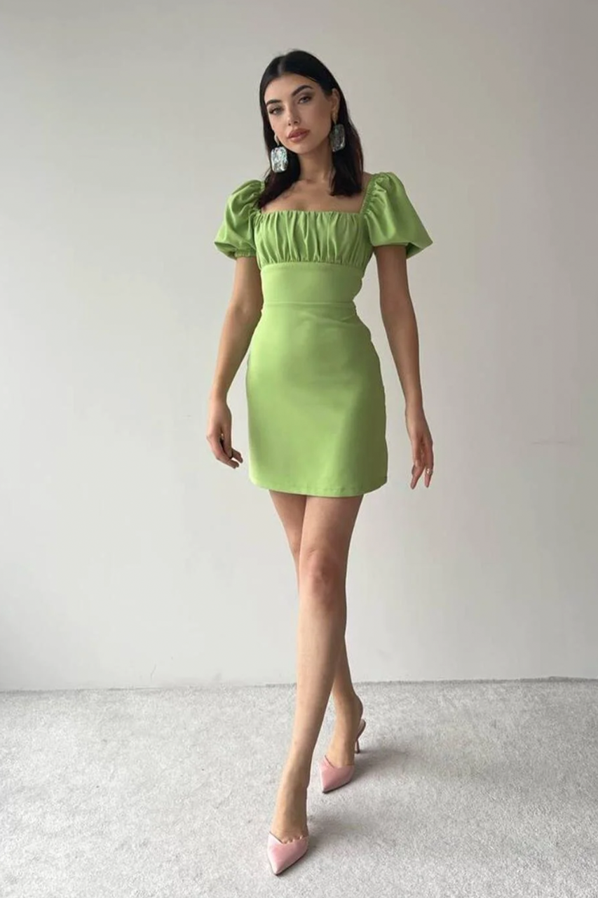 Green Linen Puff Sleeve Mini Dress