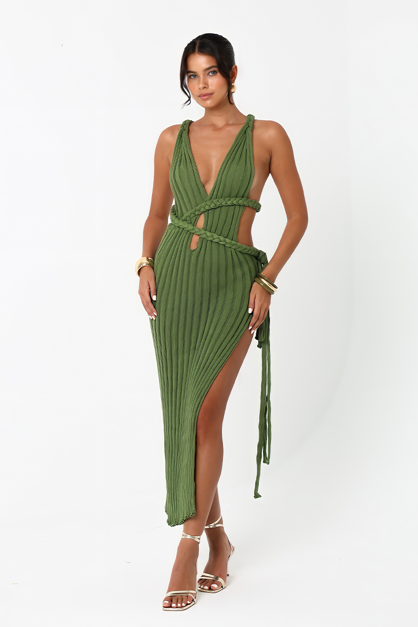 Olive Green Knit Midi Dress