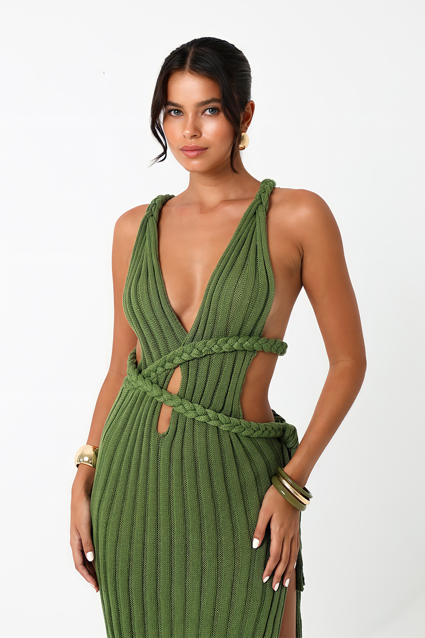 Olive Green Knit Midi Dress