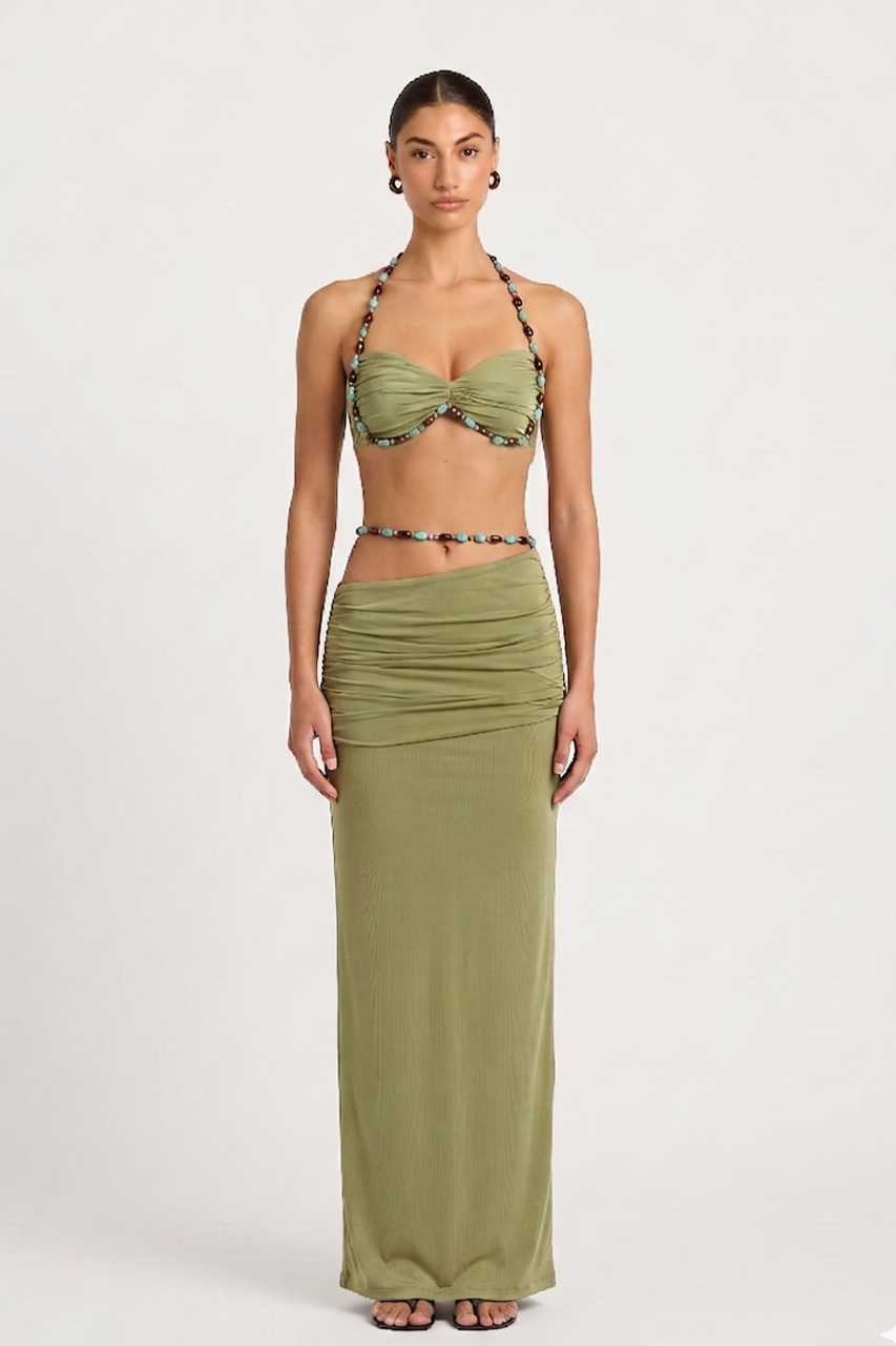 Green Mesh Beaded Bralette Top & Maxi Skirt Coord