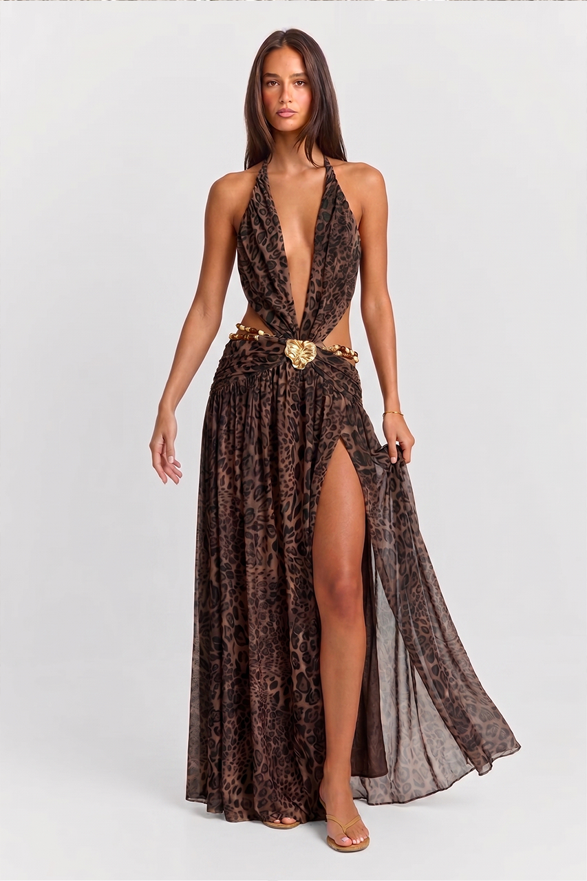 Brown Leopard Print Slit Maxi Dress