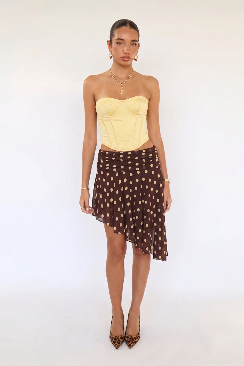 Brown Ruffle Yellow Polka Asymetric Midi Skirt