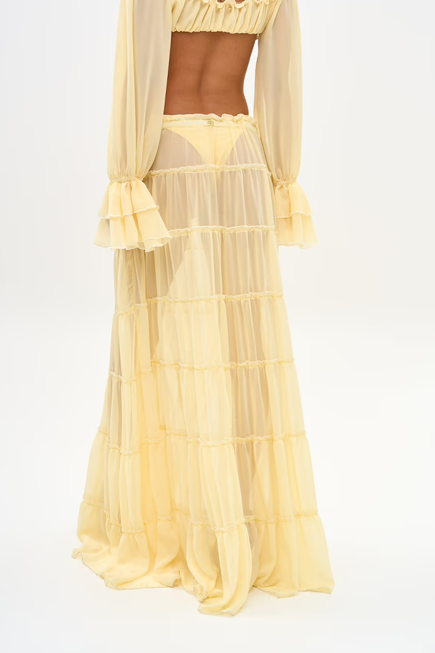 Butter Yellow Sheer Chiffon Long Sleeve Bralette & Maxi Skirt Coord