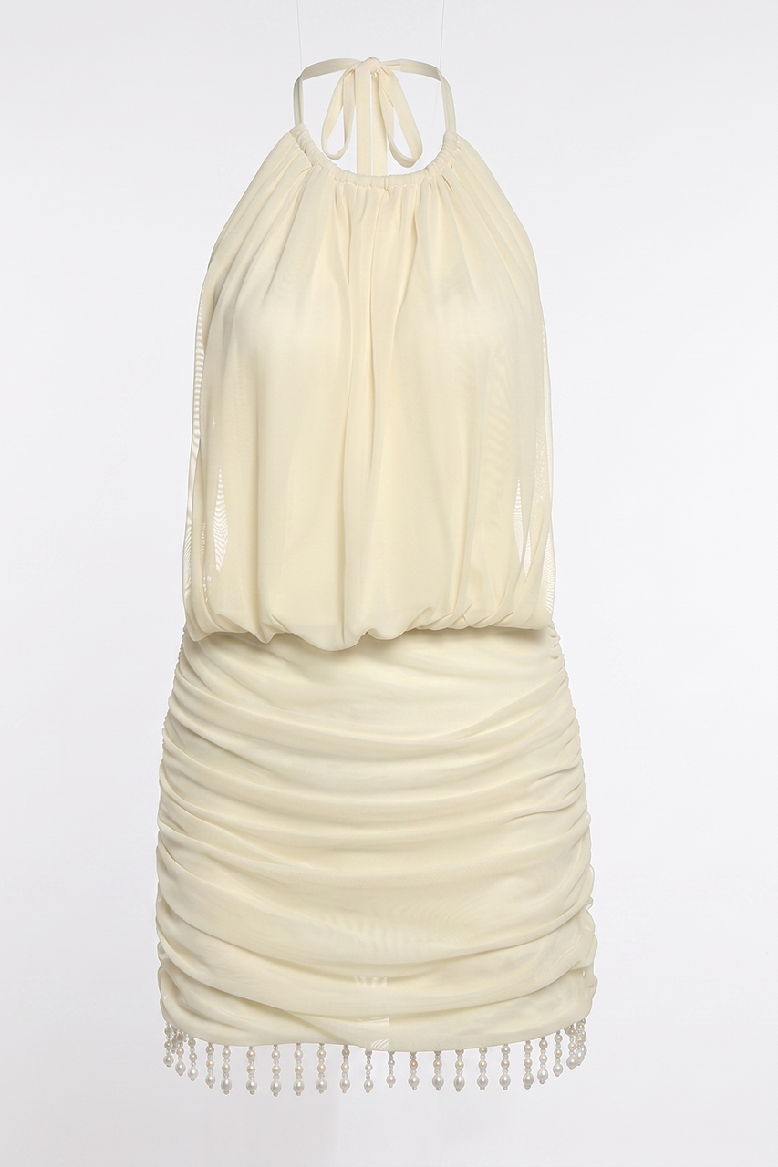 Cream Sheer Mesh Tassel Mini Dress