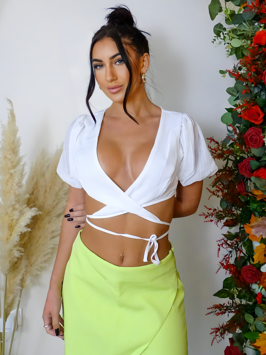 White Wrap Front Crop Blouse