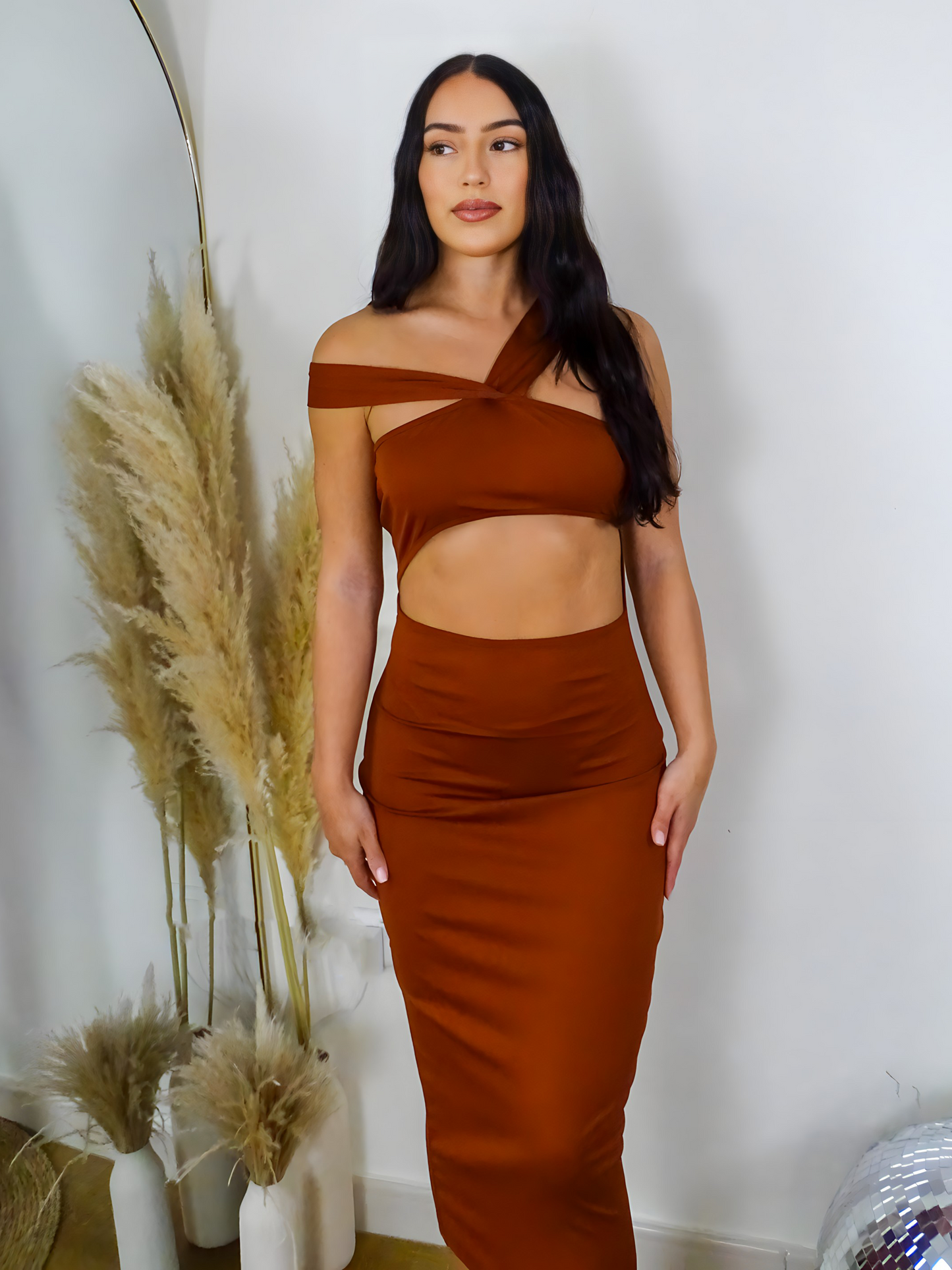 Brown Cutout One Shoulder Midi Dress