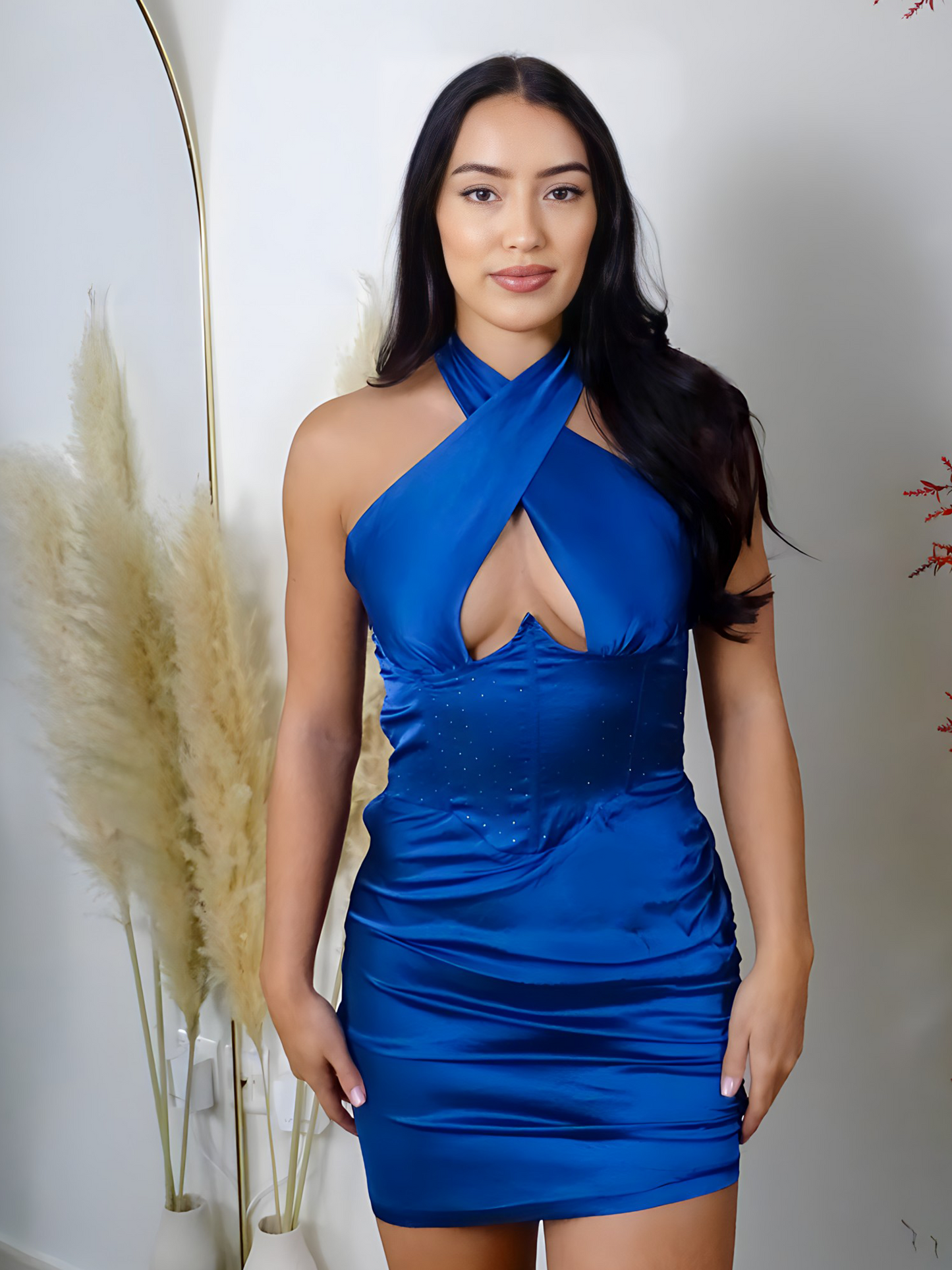 Midnight Blue Halter-Neck Gem Embellished Satin Mini Dress