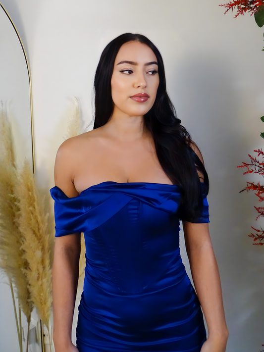 Royal Blue Satin Off The Shoulder Corset Mini Dress