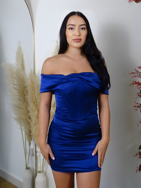 Royal Blue Satin Off The Shoulder Corset Mini Dress