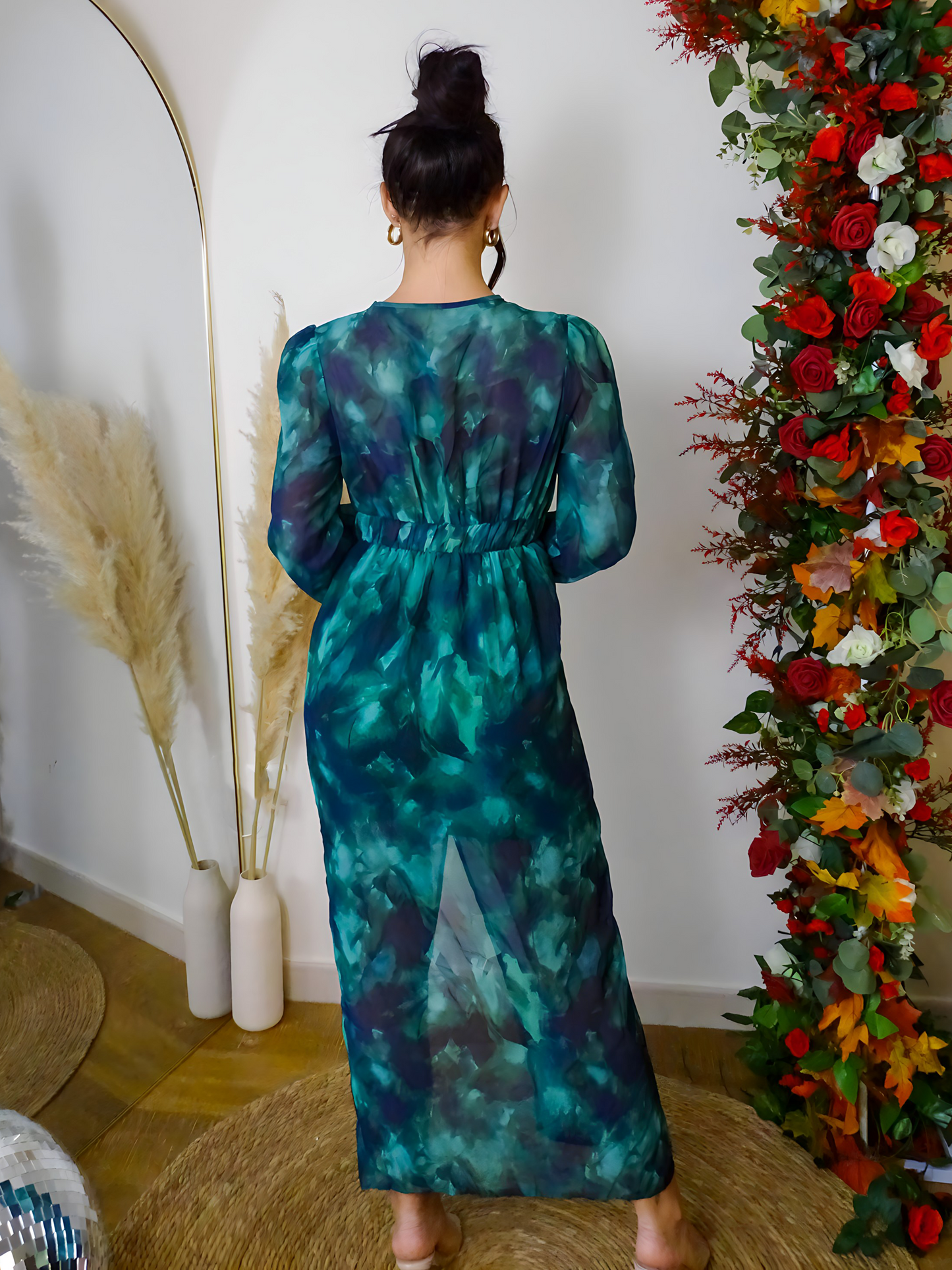 Green Floral Chiffon Lantern Sleeve Slit Maxi Dress