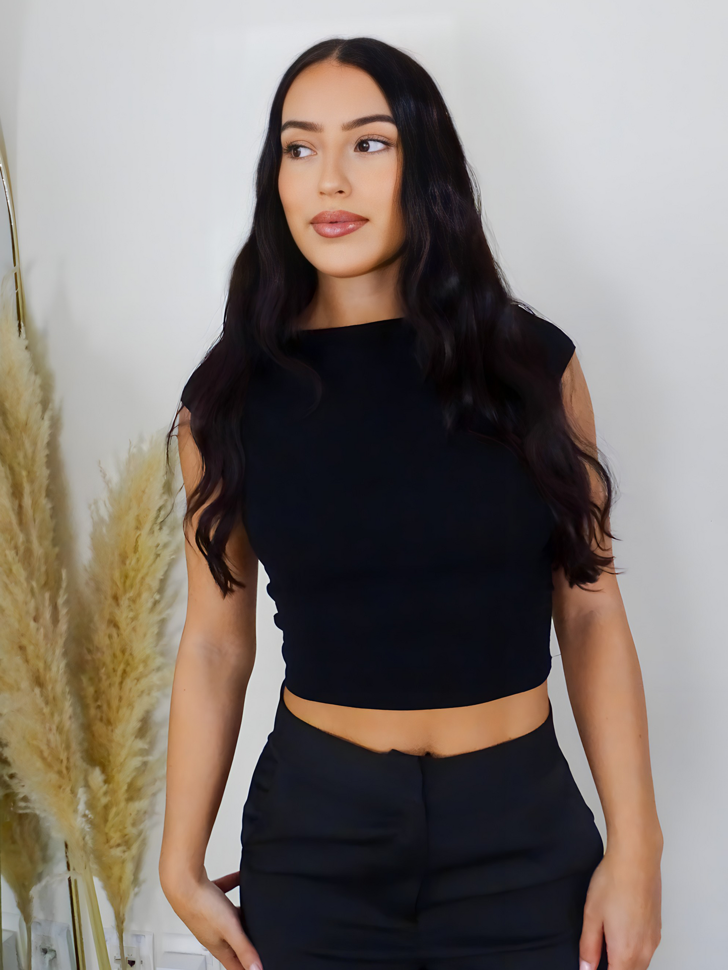 Black Ribbed Open Back Crop Top