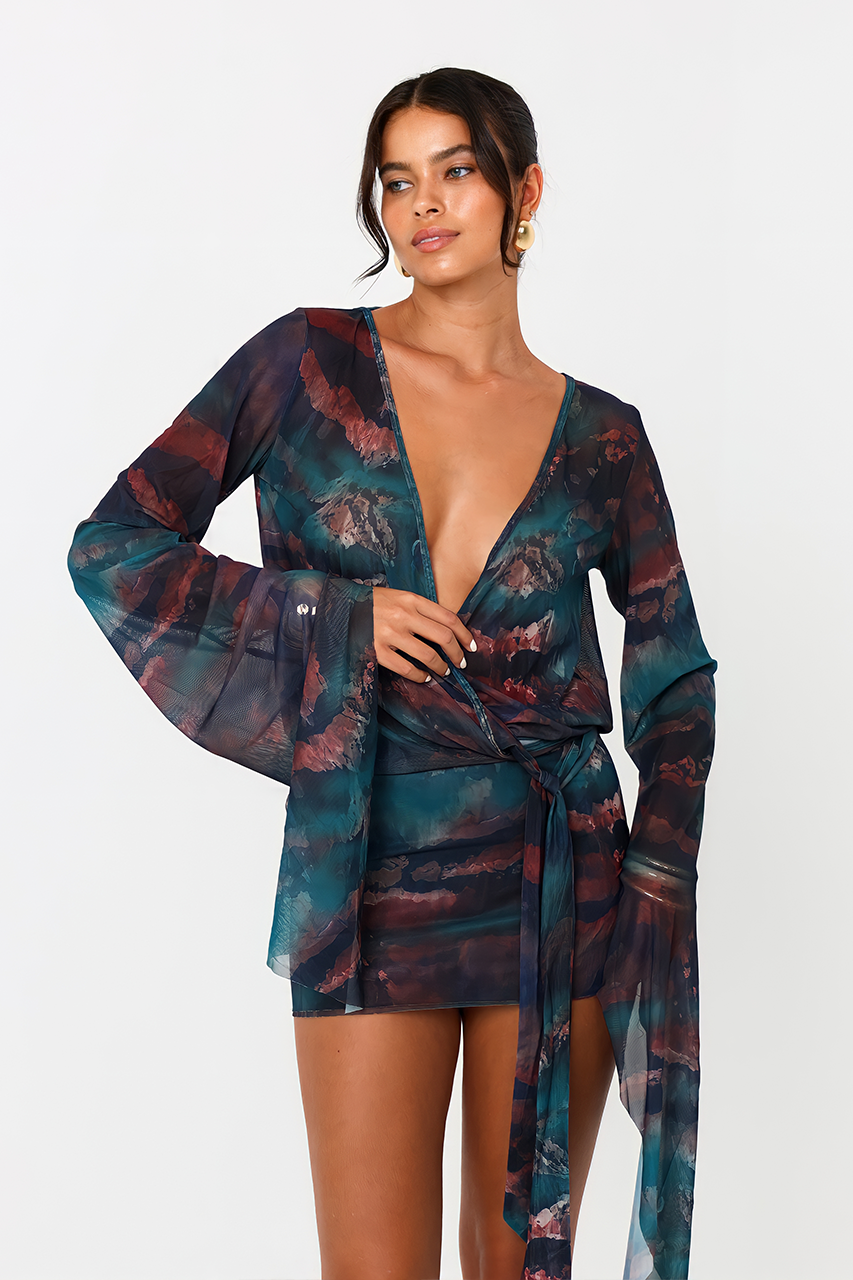 Multicolor Flare Sleeve Mesh Mini Dress