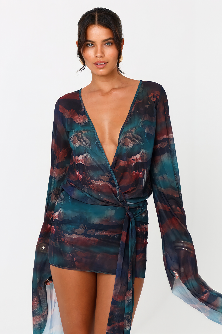 Multicolor Flare Sleeve Mesh Mini Dress