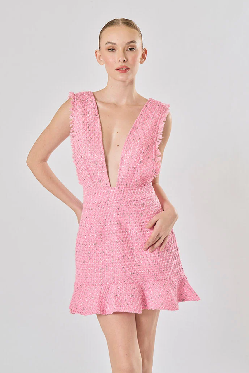 Pink Boucle Knit Ruffle Plunge Mini Dress