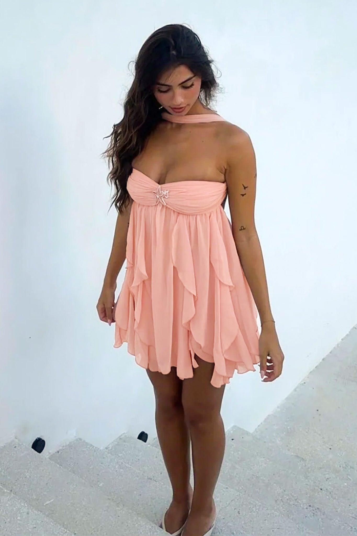 Peach Frill Halter Mini Dress