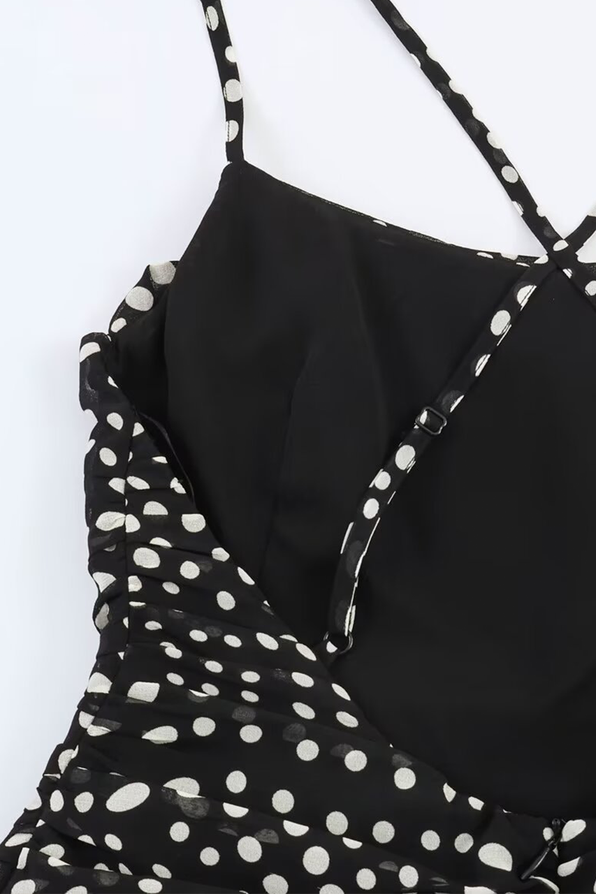 Black Polka Dot Chiffon Ruffle Midi Dress