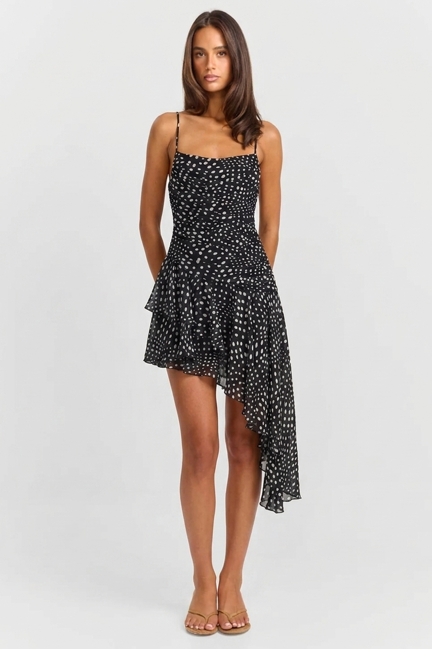 Black Polka Dot Chiffon Ruffle Midi Dress