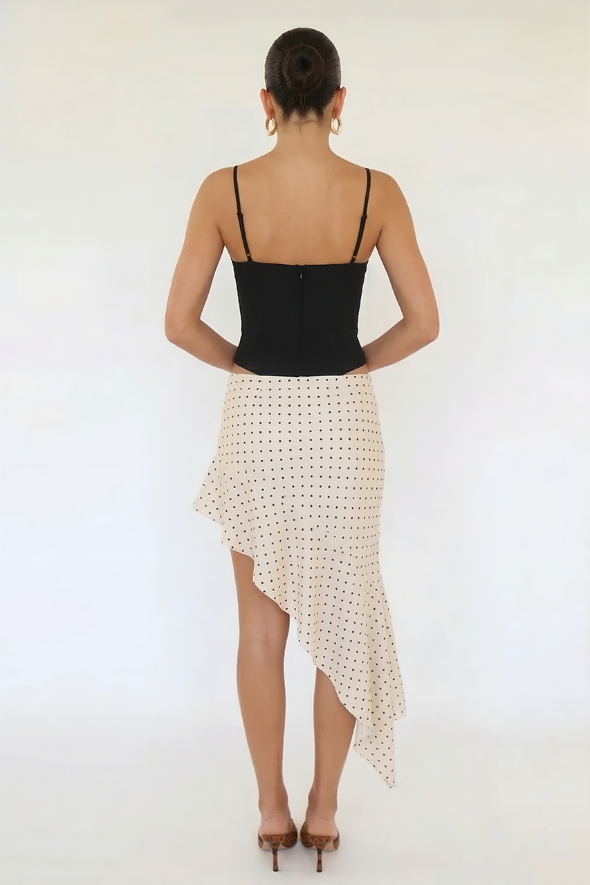 Cream Polka Dot Satin Asymetrical Midi Skirt