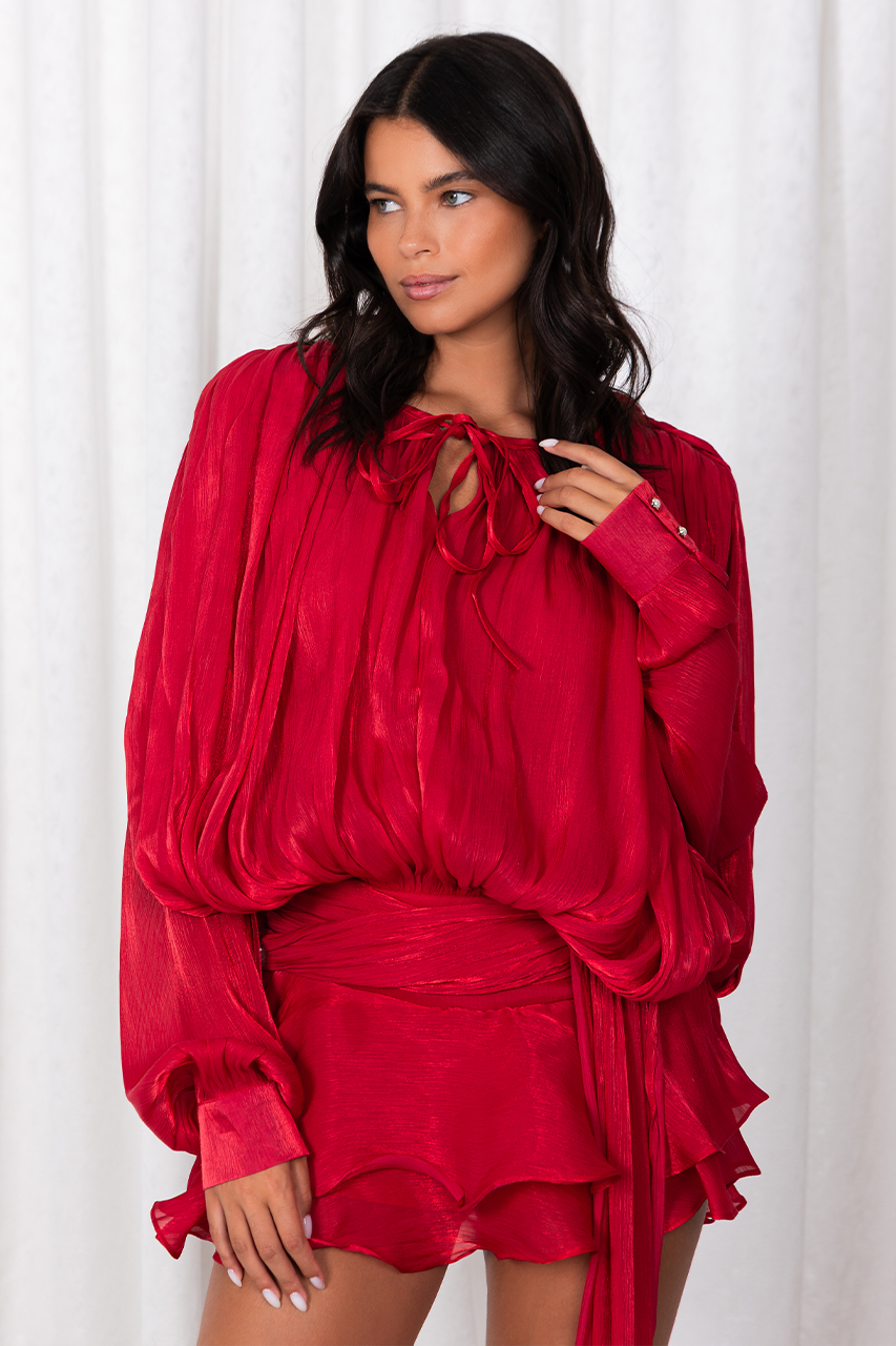 Red Chiffon Lantern Sleeve Dress & Shorts Coord