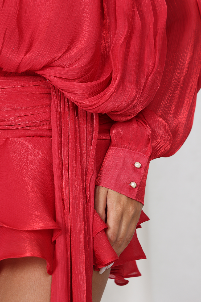 Red Chiffon Lantern Sleeve Dress & Shorts Coord