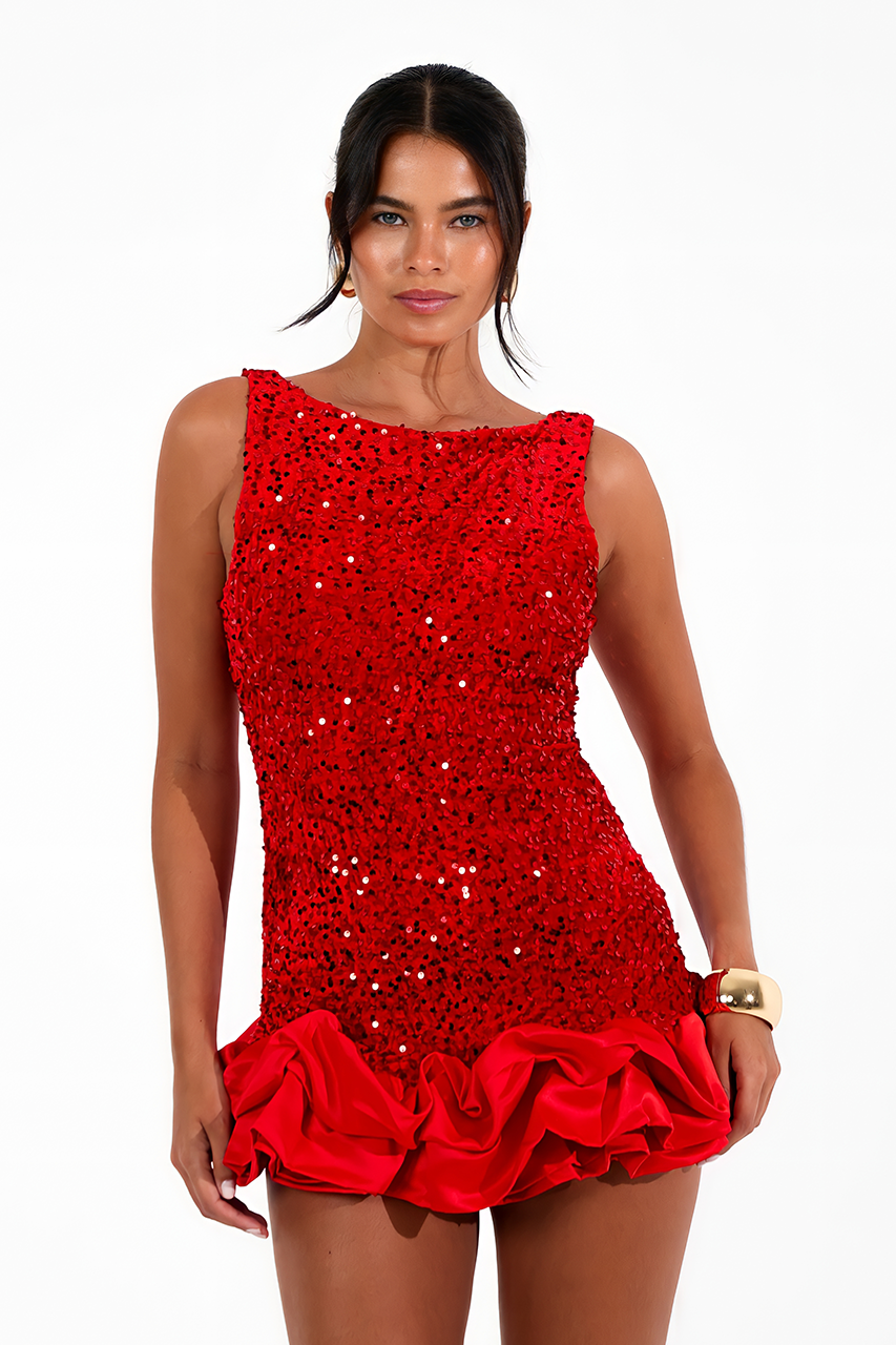 Red Sequin Ruffle Playsuit Mini Dress
