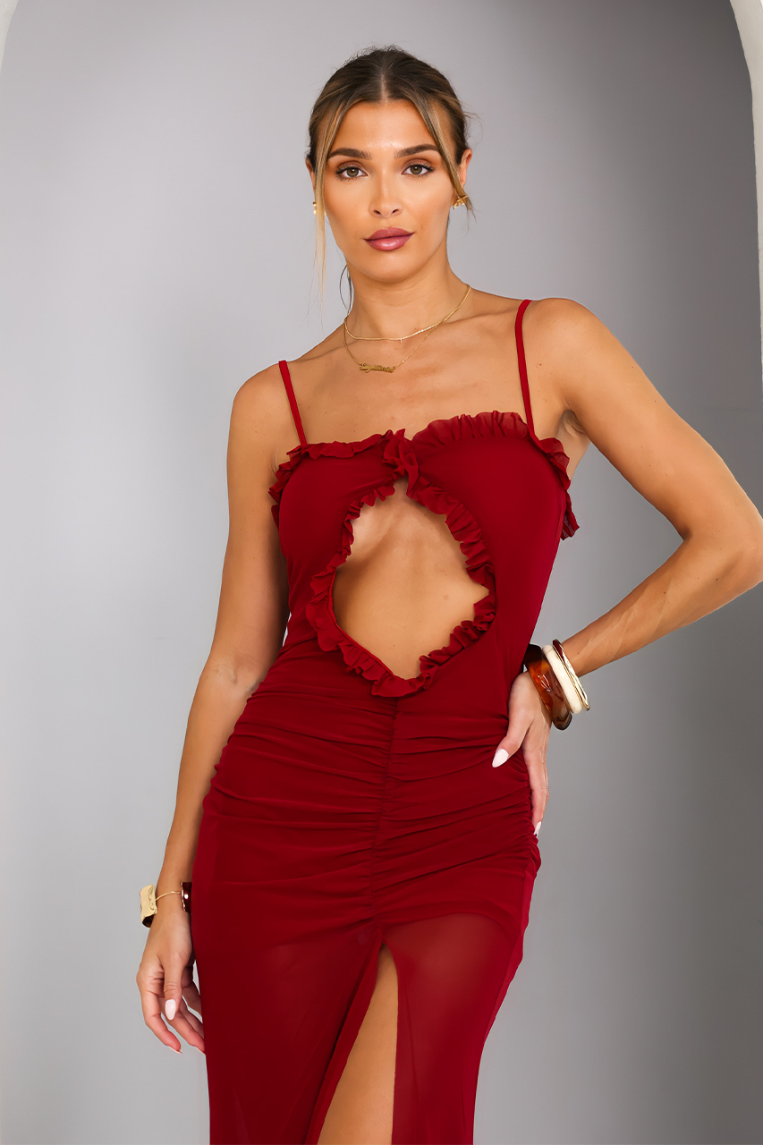 Wine Red Mesh Layered Slit Maxi Dress