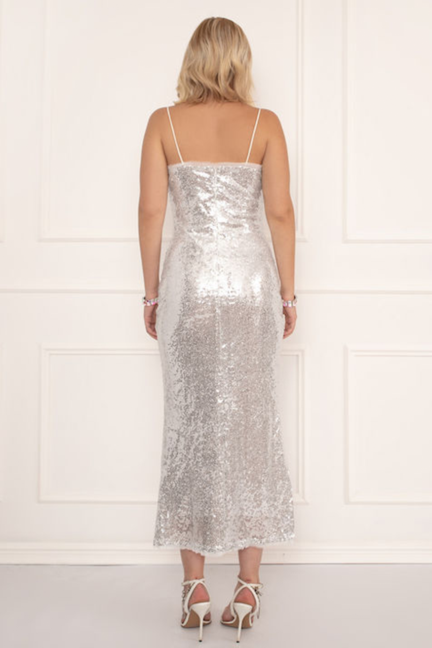 Silver Sequin Bodycon Midi Dress