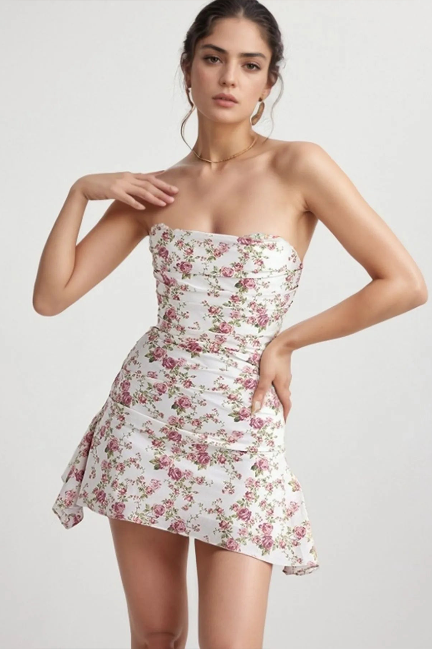 Floral White & Pink Double Layered Bandeau Satin Mini Dress