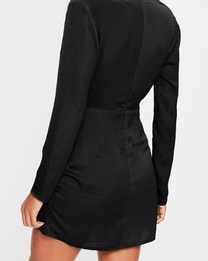 Black Plunge Satin Long Sleeve Mini Dress