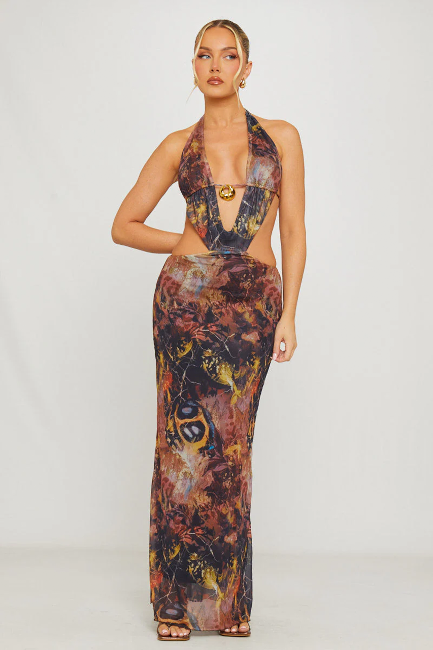 Abstract Sheer Cut Out Cover Up Maxi Dress