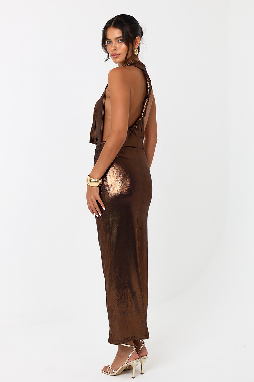 Bronze Brown Plunge Maxi Dress