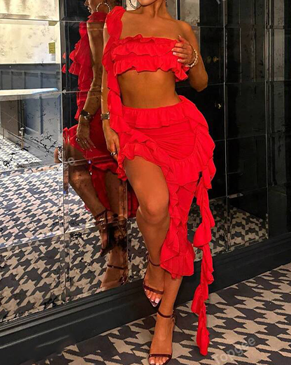 Red Ruffle Drape Midi Dress