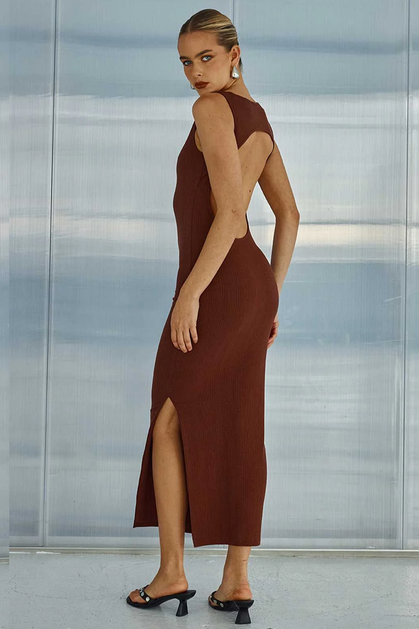 RUNAWAY THE LABEL Chocolate Brown Ribbed Maxi Dress