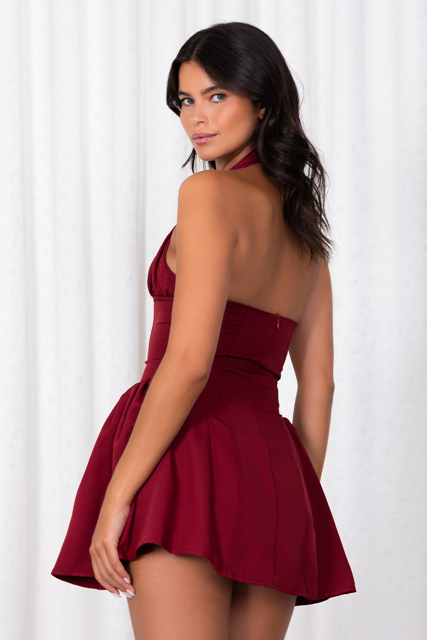 Maroon Red Puff Skater Mini Dress
