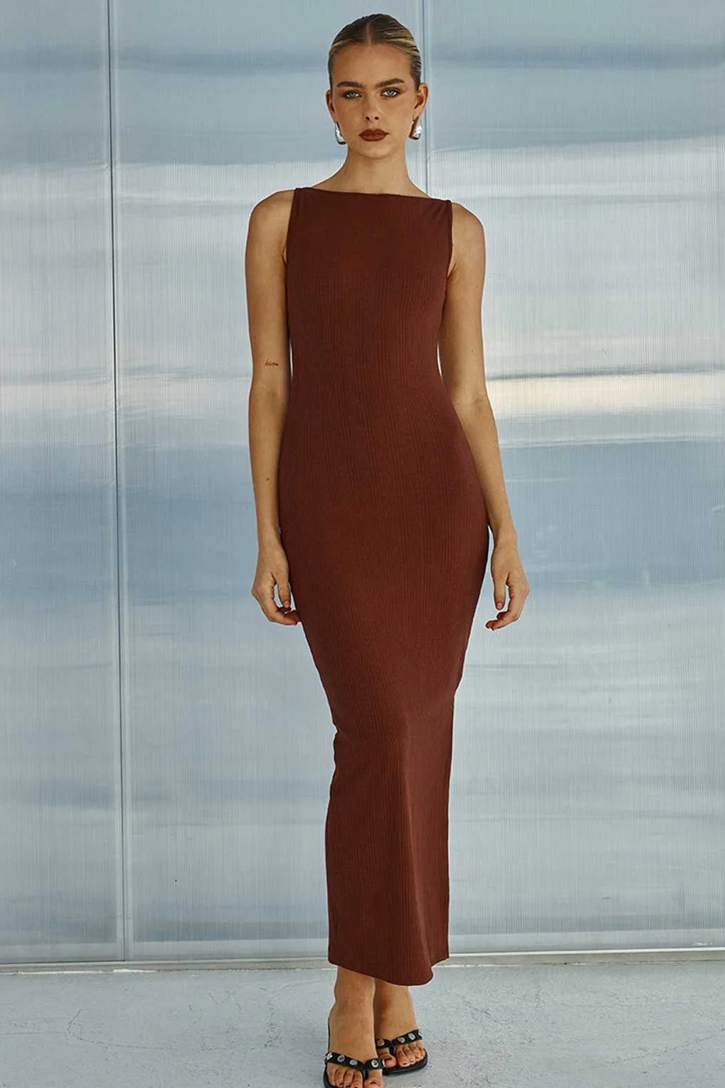 RUNAWAY THE LABEL Chocolate Brown Ribbed Maxi Dress