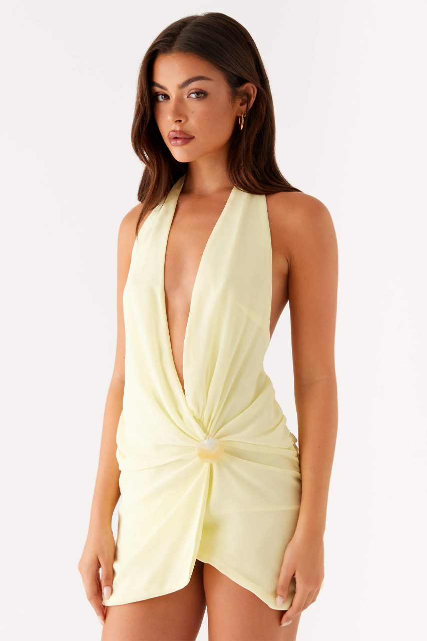 Butter Yellow Chiffon Plunge Mini Dress