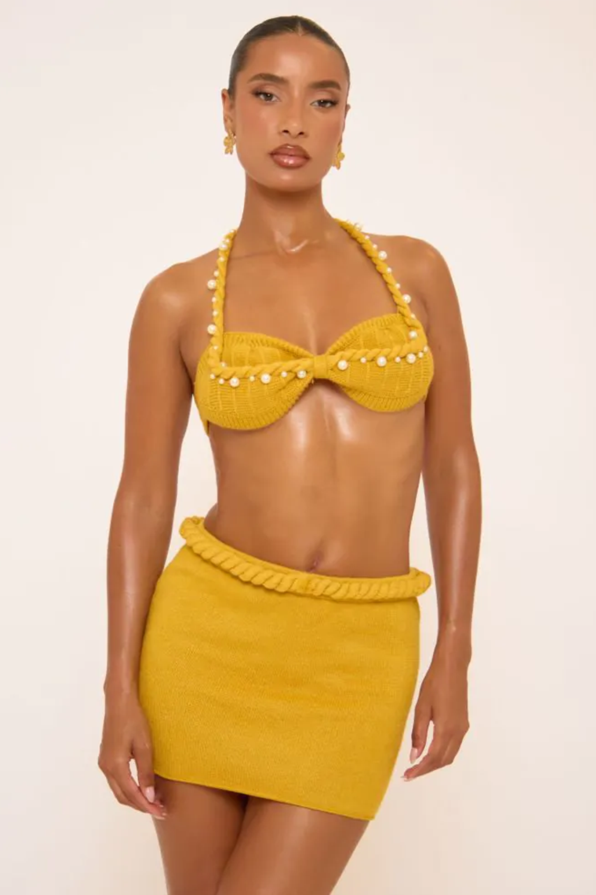 Mustard Yellow Pearl Embellished Bralette & Mini skirt Coord