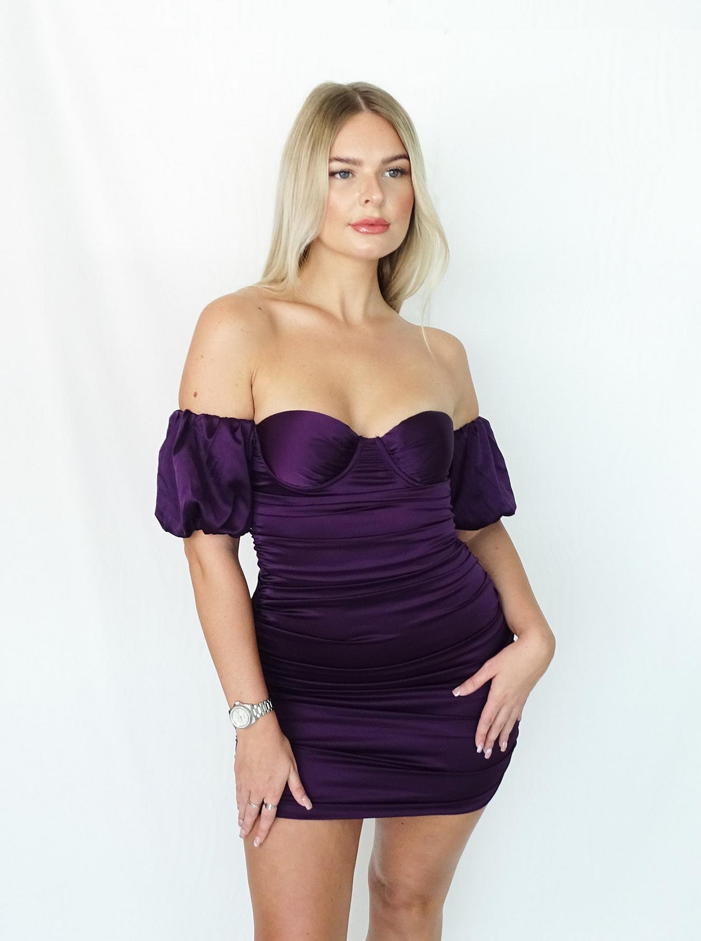 Purple Off The Shoulder Bardot Rushed Double Layer Satin Mini Dress